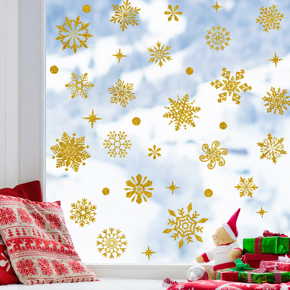 Christmas Wall Stickers Gold Leaf Glitter Snowflake Wall Stickers