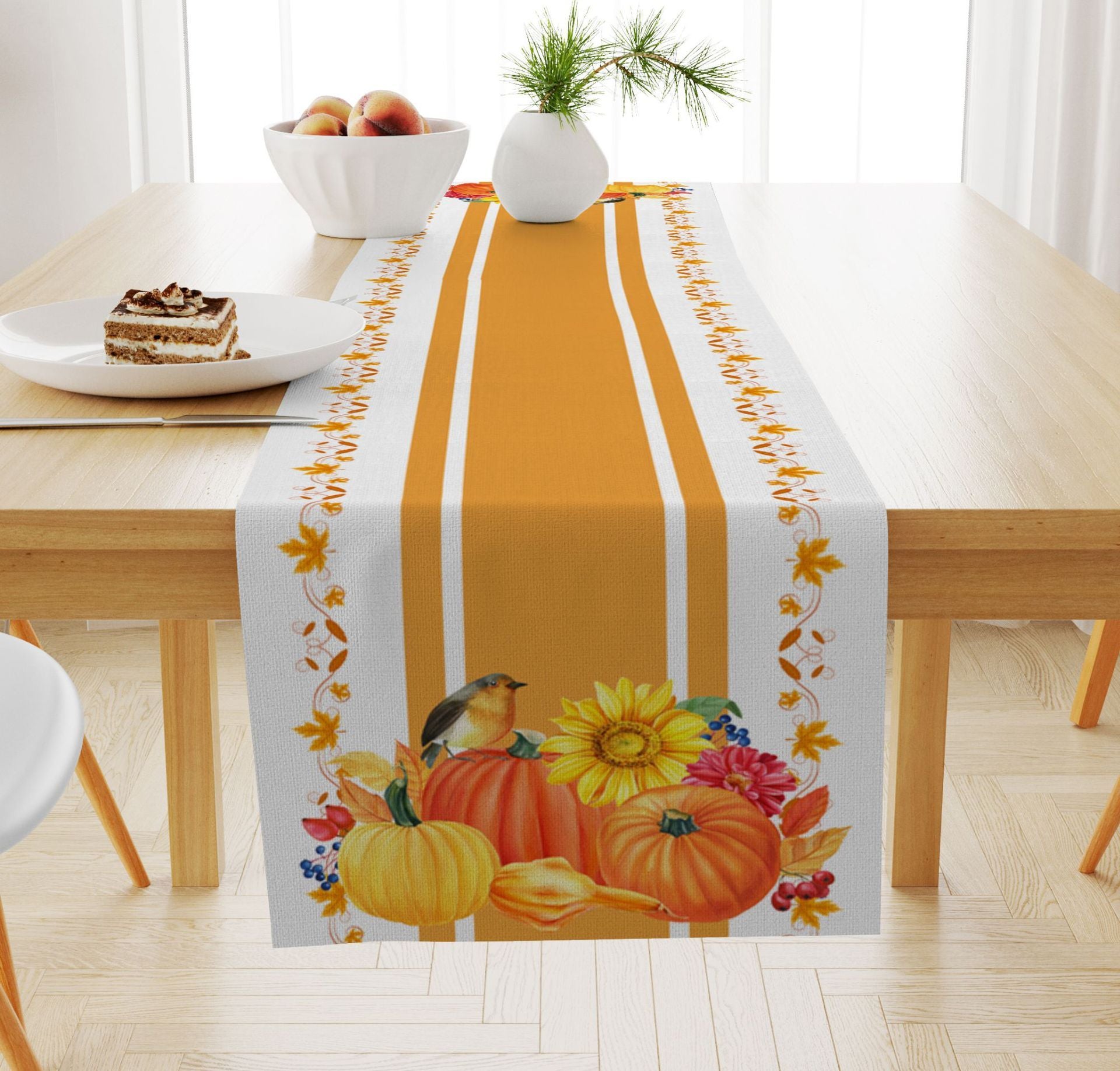 Pumpkin Maple Leaf Printed Linen Table Runner Holiday Decorative Tablecloth