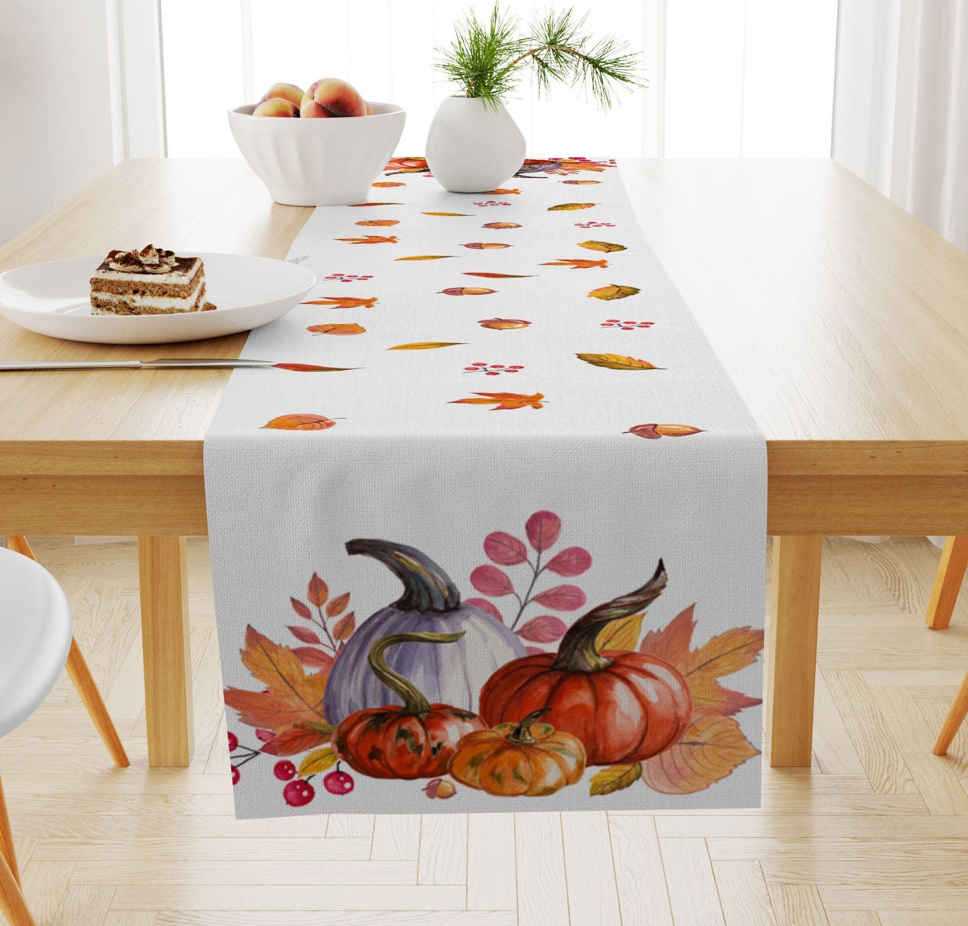 Pumpkin Maple Leaf Printed Linen Table Runner Holiday Decorative Tablecloth