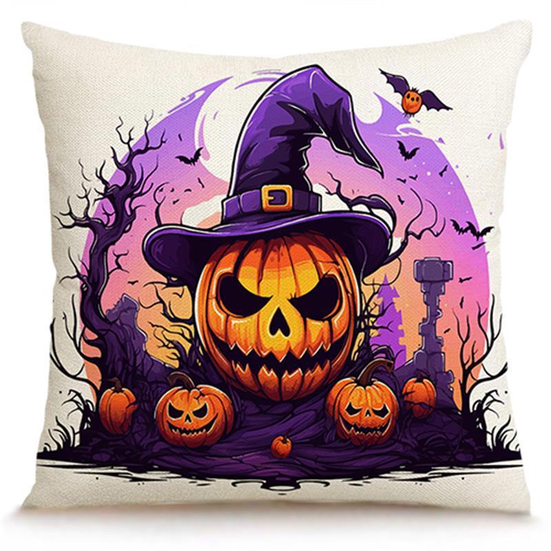 Skull Pumpkin Linen Pillow Cover