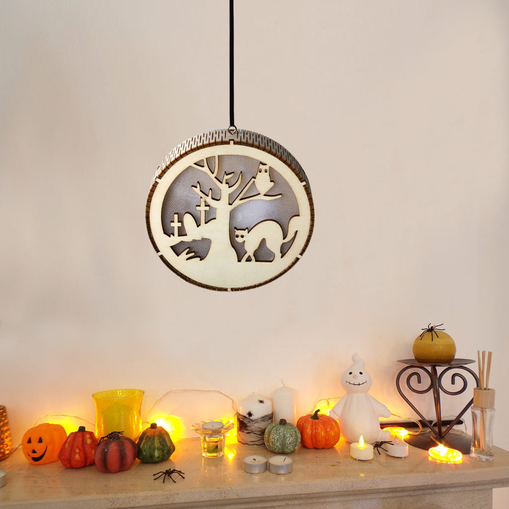 Wooden Halloween Round Computer Laser Hollow Witch Wizard Pumpkin Haunted House Black Cat LED Light Pendant