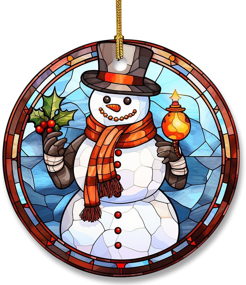 Christmas Stained Glass Window Ornaments Snowman Decorations