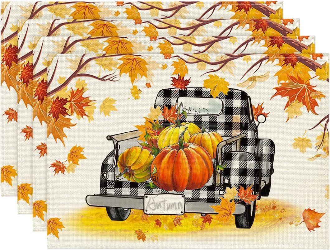 Autumn Pumpkin Maple Leaf Printing Polyester Tableware Mat, Pumpkin lanterns, Jack o Lanterns, Halloween Lights, Halloween Decoration Ornaments, Halloween inflatables, carved pumpkins, Halloween wreaths, Halloween Candles.