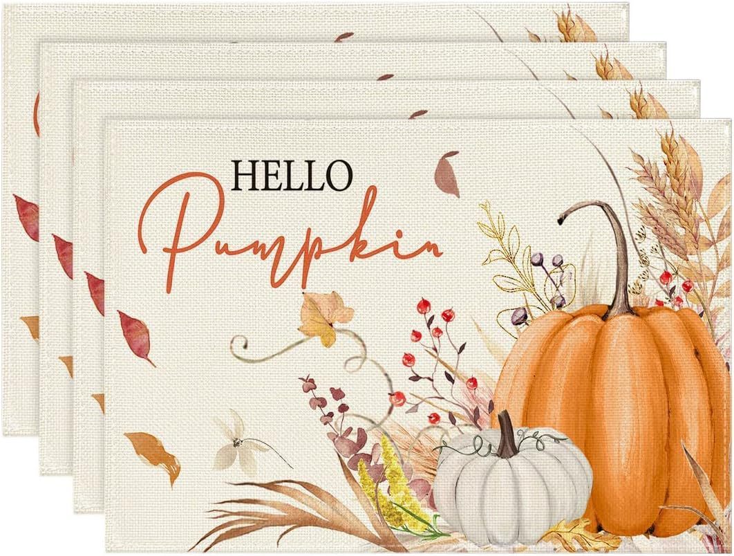 Autumn Pumpkin Maple Leaf Printing Polyester Tableware Mat, Pumpkin lanterns, Jack o Lanterns, Halloween Lights, Halloween Decoration Ornaments, Halloween inflatables, carved pumpkins, Halloween wreaths, Halloween Candles.