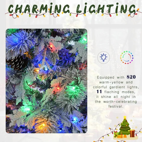 6FT Pre-Lit Spruce Snow Flocked Christmas Tree With Pine Cones, Artificial Xmas Tree With 403 Branch Tips,Mixed PE  PVC Branches, 250 Multi-Color LED Lights, 11 Flashing Modes, Holiday Decor, Christmas tree, Artificial Christmas tree, Real Christmas tree, Miniature Christmas tree, Tabletop Christmas tree, Pre-lit Christmas tree, Flocked Christmas tree, White Christmas tree, Black Christmas tree, Ceramic Christmas tree, Christmas tree topper, Christmas tree skirt, Christmas tree stand, Christmas tree storage