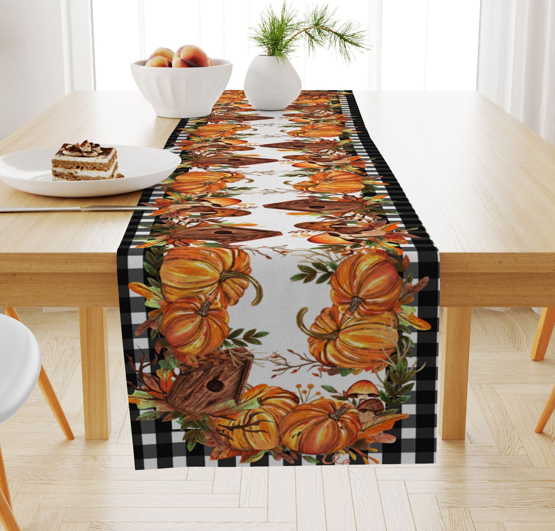 Pumpkin Maple Leaf Printed Linen Table Runner Holiday Decorative Tablecloth