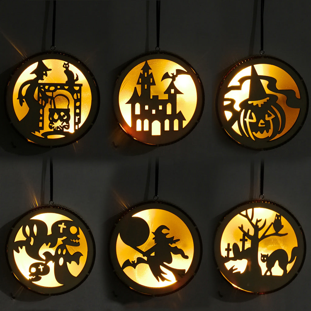 Wooden Halloween Round Computer Laser Hollow Witch Wizard Pumpkin Haunted House Black Cat LED Light Pendant