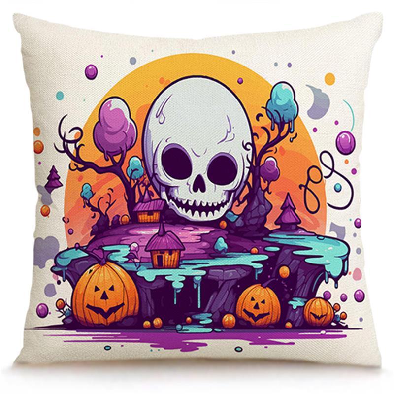 Skull Pumpkin Linen Pillow Cover