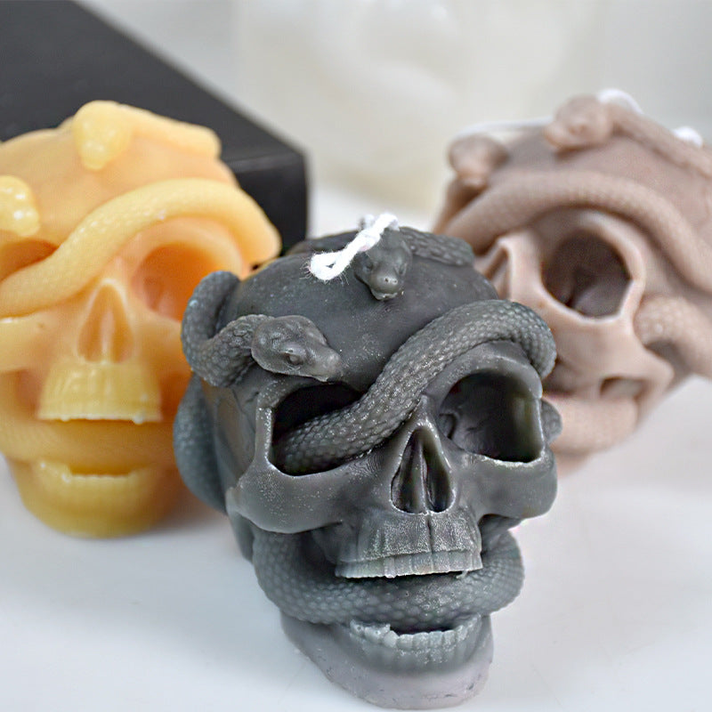 Snake Winding Skull Candle Mould DIY Halloween Simulation Plaster Decoration Silicone Mold, Silicone candle molds, Christmas tree candle molds, Halloween pumpkin candle molds, Easter egg candle molds, Animal candle molds, Sea creature candle molds, Fruit candle molds, Geometric candle molds, Abstract candle molds, DIY candle making molds,