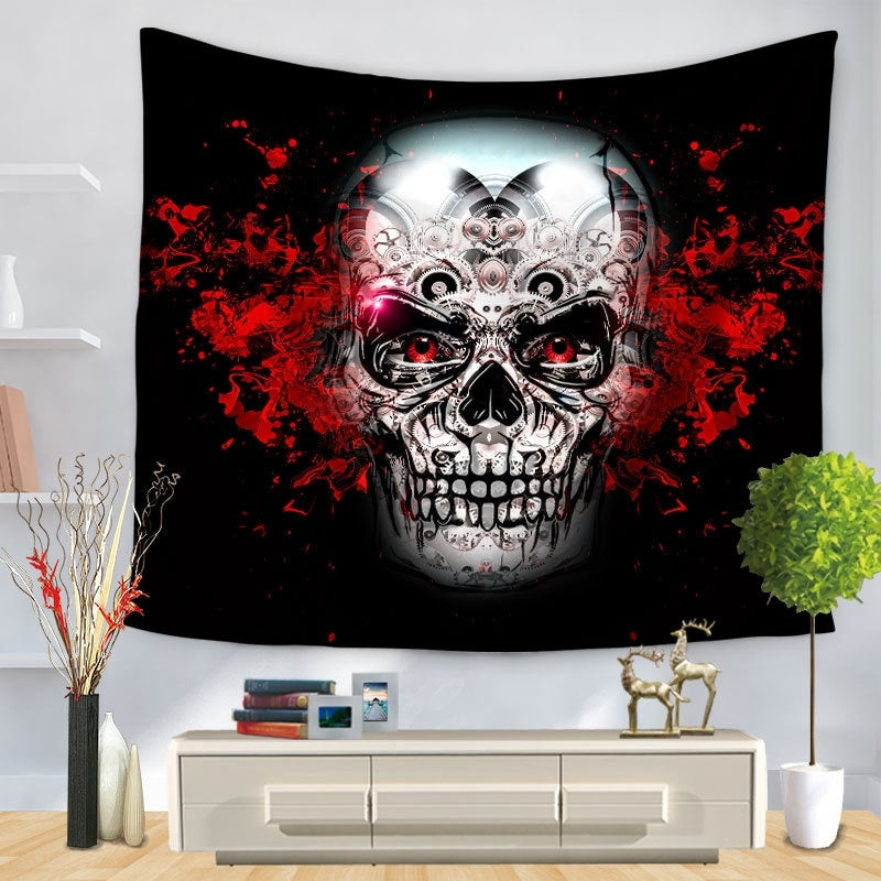 Skull Halloween digital print tapestry hung tablecloth beach towel, Pumpkin lanterns, Jack o Lanterns, Halloween Lights, Halloween Decoration Ornaments, Halloween inflatables, carved pumpkins, Halloween wreaths, Halloween Candles. 