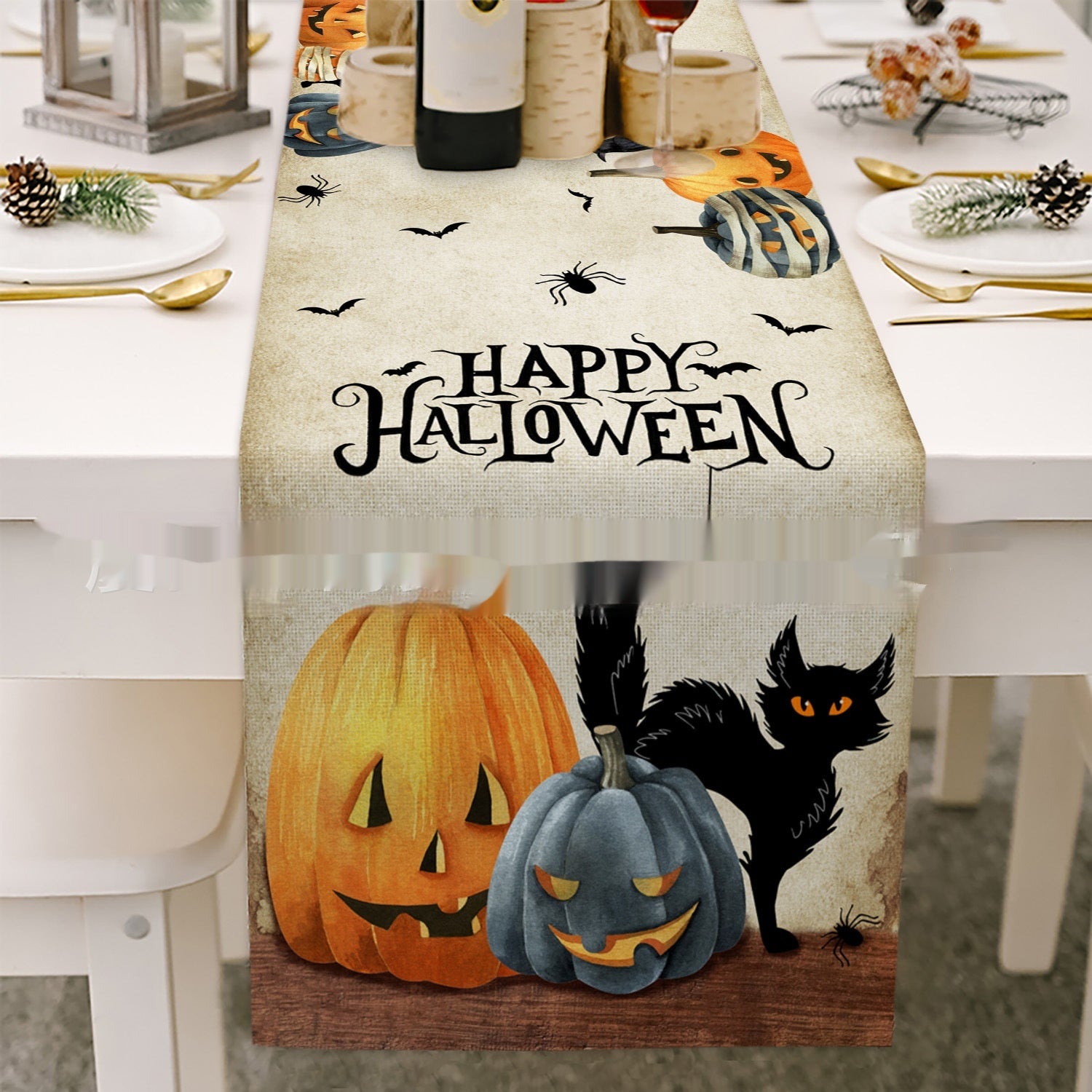 Cross-border Halloween Table Runner Cotton Linen Tablecloth Striped Printed Insulated Pumpkin Castle Decoration, Pumpkin lanterns, Jack o Lanterns, Halloween Lights, Halloween Decoration Ornaments, Halloween inflatables, carved pumpkins, Halloween wreaths, Halloween Candles, and animatronics Halloween.