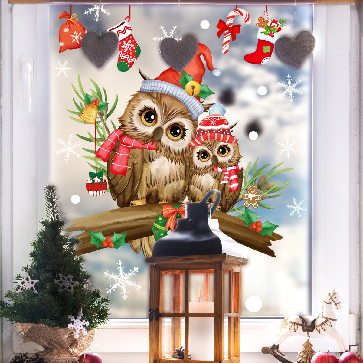 Christmas Tree Branches Cartoon Owl Glass Paster