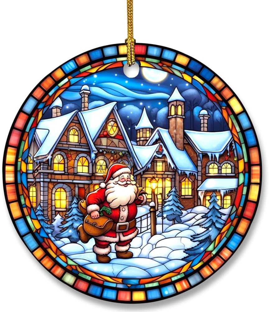 Christmas Stained Glass Window Ornaments Snowman Decorations
