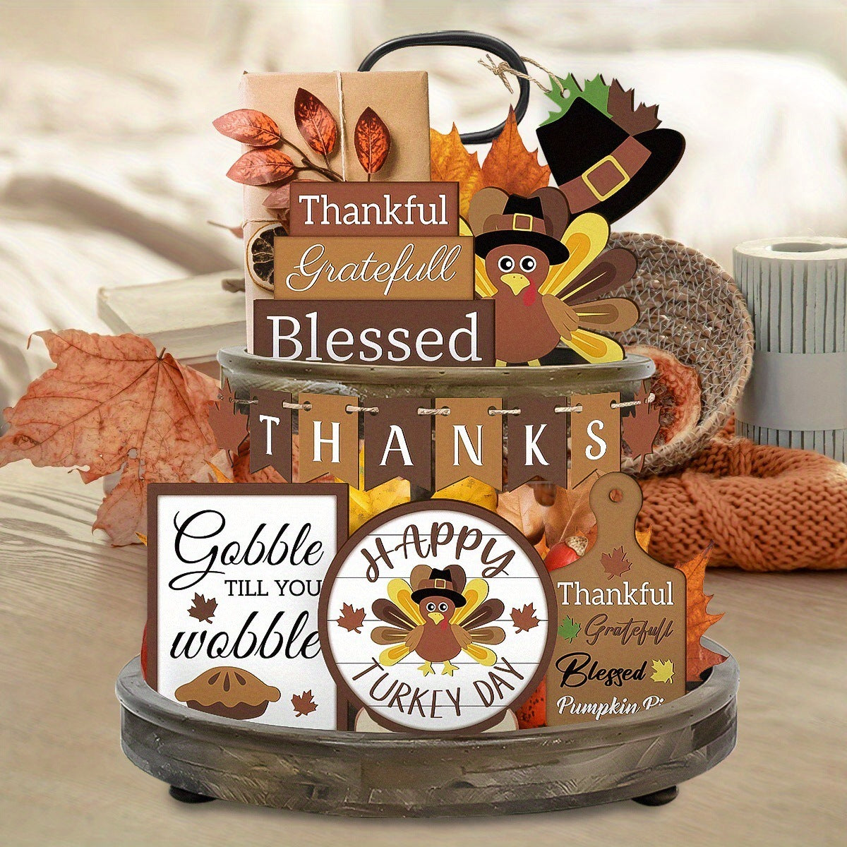 14-piece Wooden Layered Tray Decorative Sign,  Harvest decorations, Fall wreaths, Fall garlands, Fall centerpieces, Cornucopia decorations, Pumpkins decorations, Gourds decorations, Scarecrow decorations, Hay bales decorations, Leaves decorations, Acorns decorations, Apples decorations, Harvest table runners, Harvest tablecloths, Fall lights, Fall candleholders, Fall wall art, Fall throw pillows, Fall home decor, Fall seasonal items,
