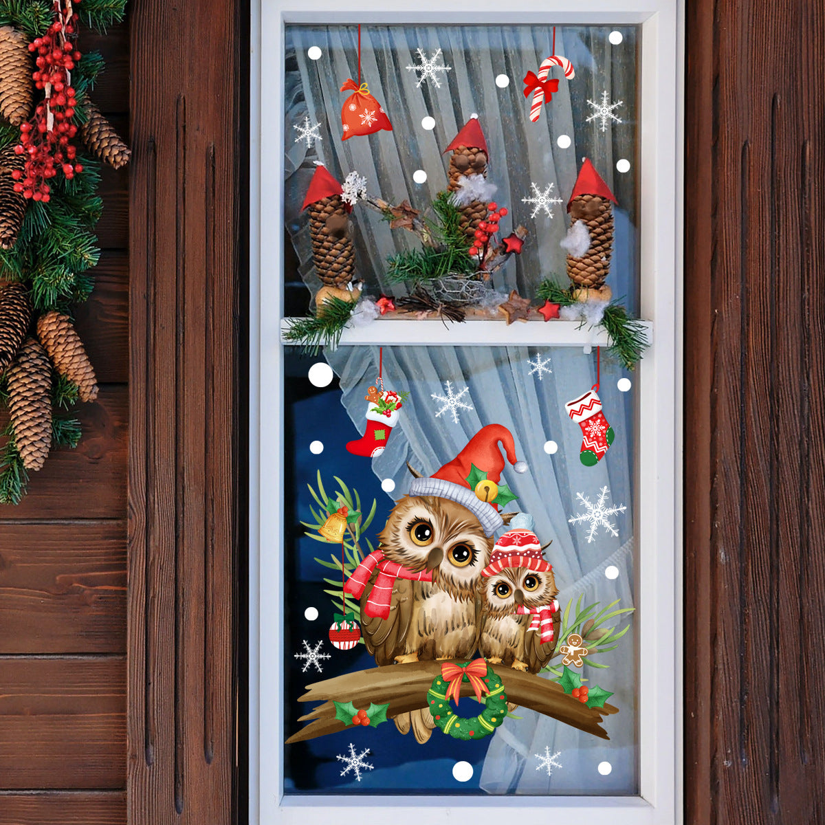 Christmas Tree Branches Cartoon Owl Glass Paster