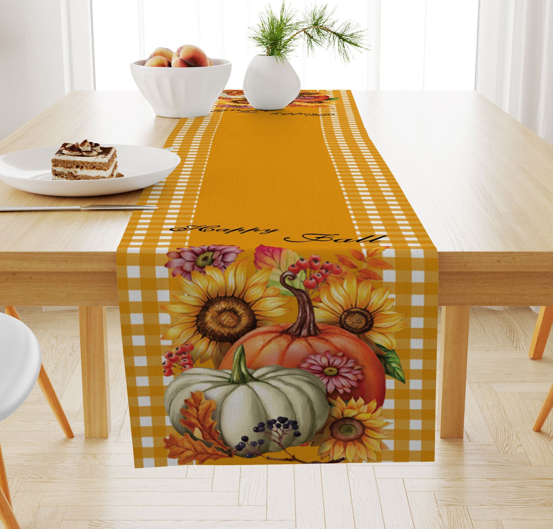 Pumpkin Maple Leaf Printed Linen Table Runner Holiday Decorative Tablecloth