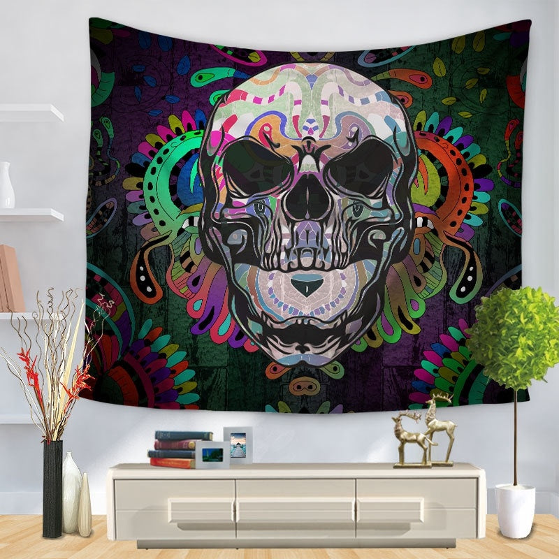 Skull Halloween digital print tapestry hung tablecloth beach towel, Pumpkin lanterns, Jack o Lanterns, Halloween Lights, Halloween Decoration Ornaments, Halloween inflatables, carved pumpkins, Halloween wreaths, Halloween Candles. 