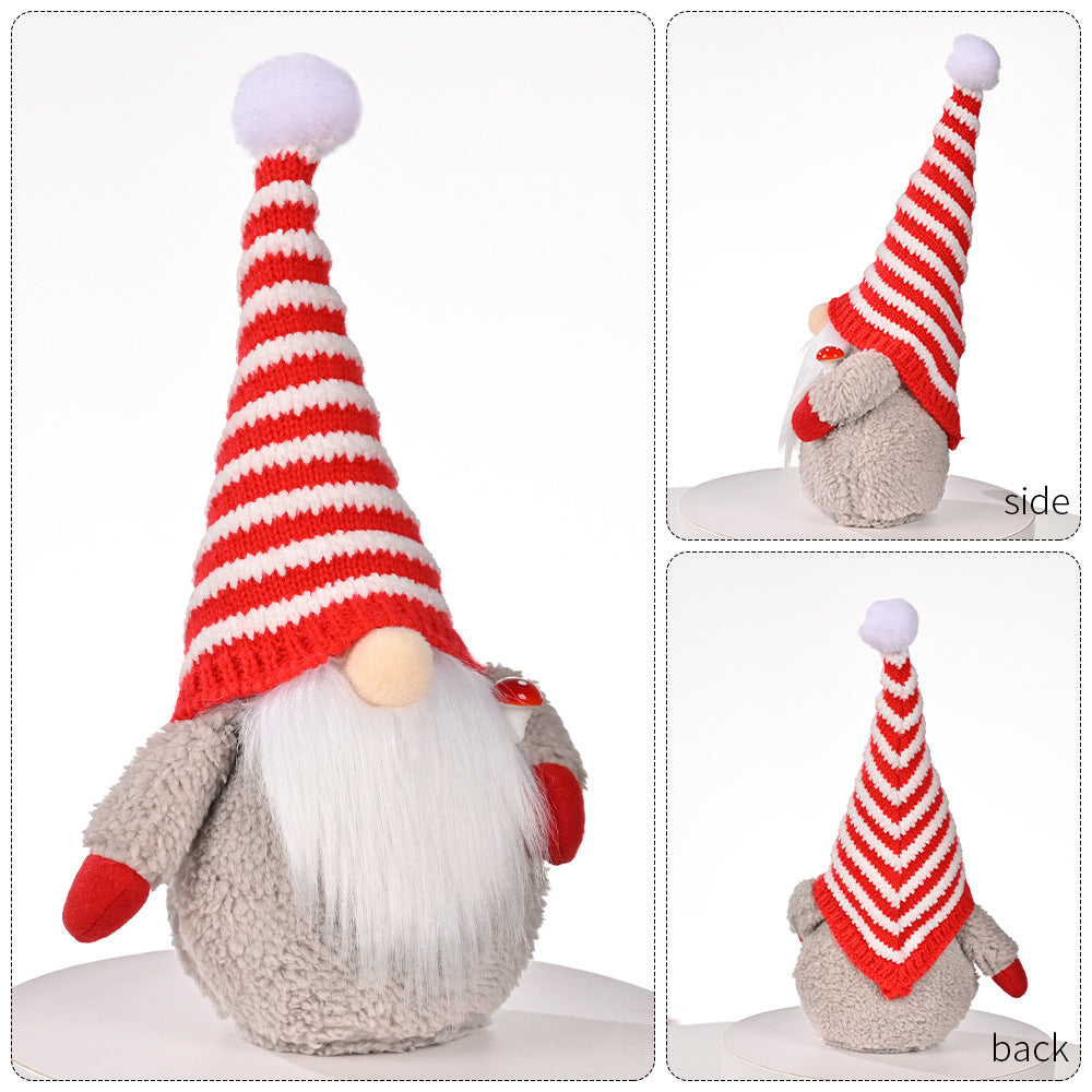 Red And White Striped Knitted Hat With Dwarf Doll Decoration