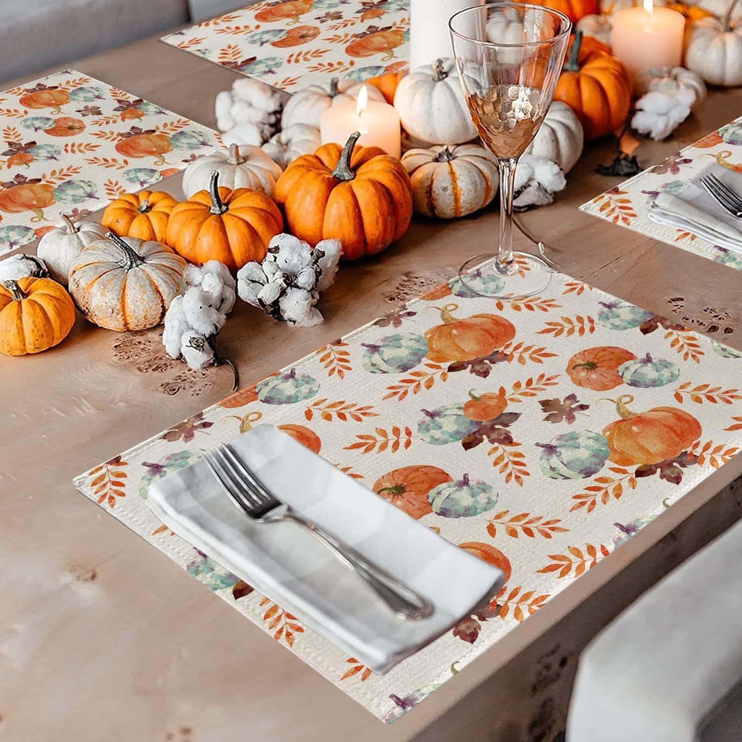 Autumn Pumpkin Maple Leaf Printing Polyester Tableware Mat, Pumpkin lanterns, Jack o Lanterns, Halloween Lights, Halloween Decoration Ornaments, Halloween inflatables, carved pumpkins, Halloween wreaths, Halloween Candles.