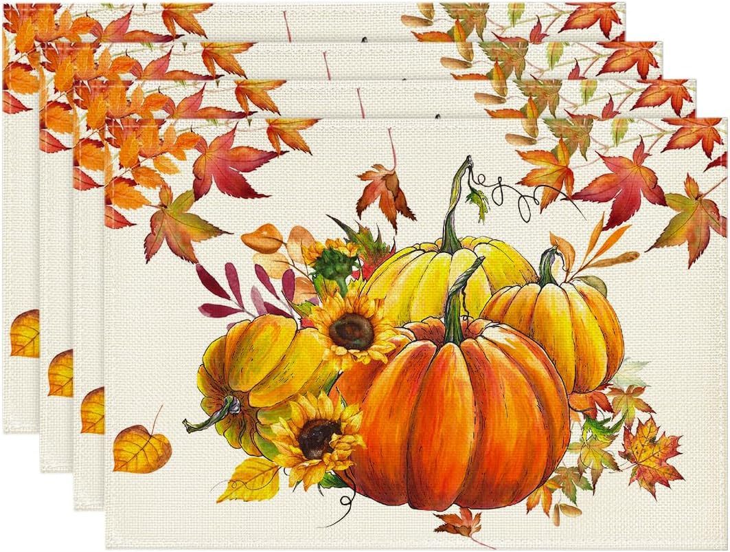 Autumn Pumpkin Maple Leaf Printing Polyester Tableware Mat, Pumpkin lanterns, Jack o Lanterns, Halloween Lights, Halloween Decoration Ornaments, Halloween inflatables, carved pumpkins, Halloween wreaths, Halloween Candles.