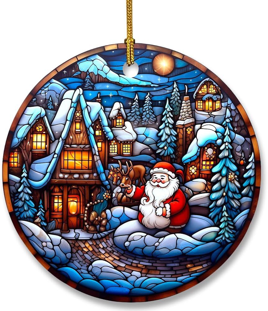 Christmas Stained Glass Window Ornaments Snowman Decorations