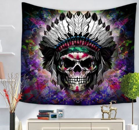 Skull Halloween digital print tapestry hung tablecloth beach towel, Pumpkin lanterns, Jack o Lanterns, Halloween Lights, Halloween Decoration Ornaments, Halloween inflatables, carved pumpkins, Halloween wreaths, Halloween Candles. 