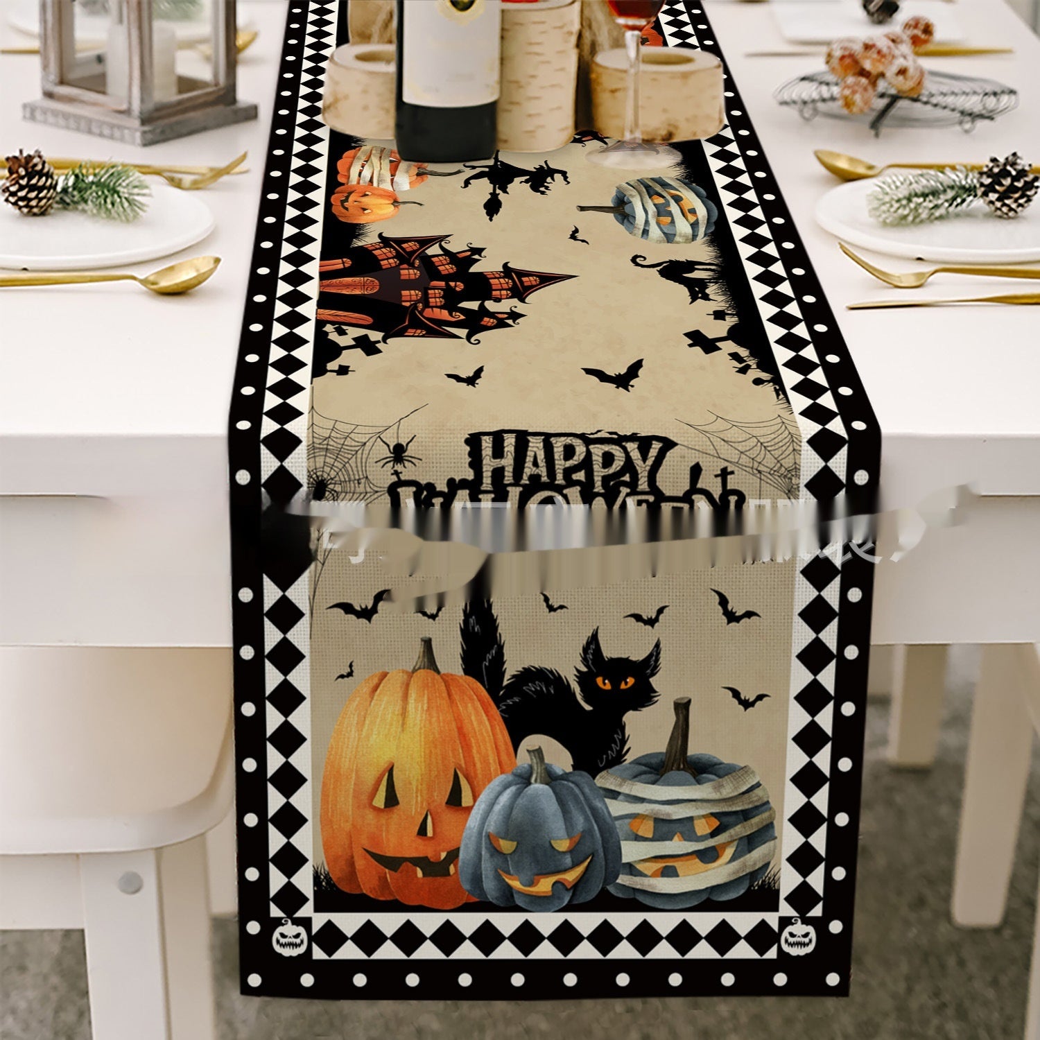 Cross-border Halloween Table Runner Cotton Linen Tablecloth Striped Printed Insulated Pumpkin Castle Decoration, Pumpkin lanterns, Jack o Lanterns, Halloween Lights, Halloween Decoration Ornaments, Halloween inflatables, carved pumpkins, Halloween wreaths, Halloween Candles, and animatronics Halloween.