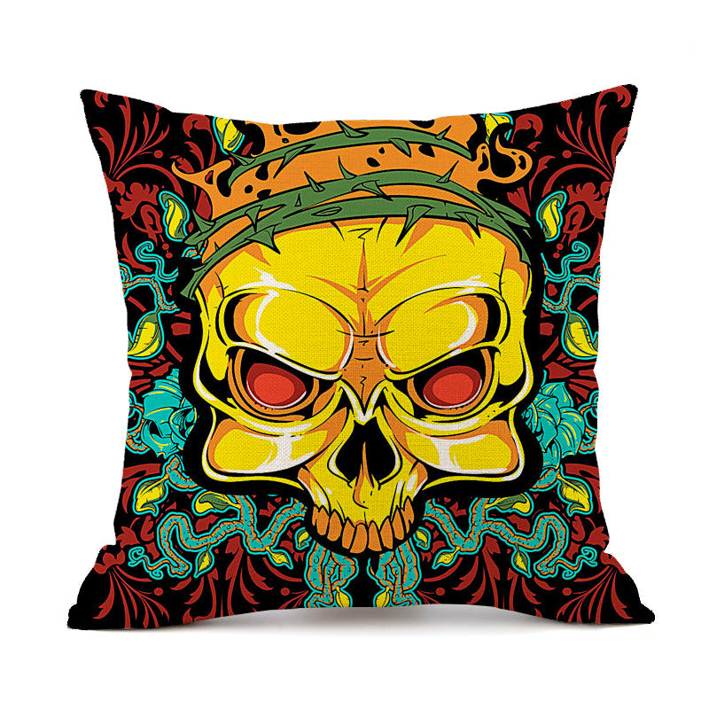 Halloween Personalized Retro Skull Linen Print Throw Pillow Cushion Cover