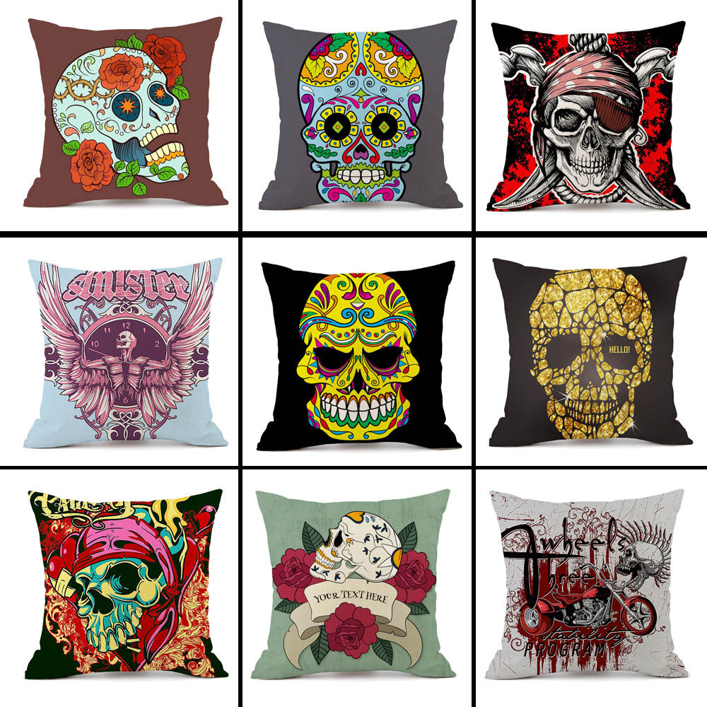 Halloween Personalized Retro Skull Linen Print Throw Pillow Cushion Cover