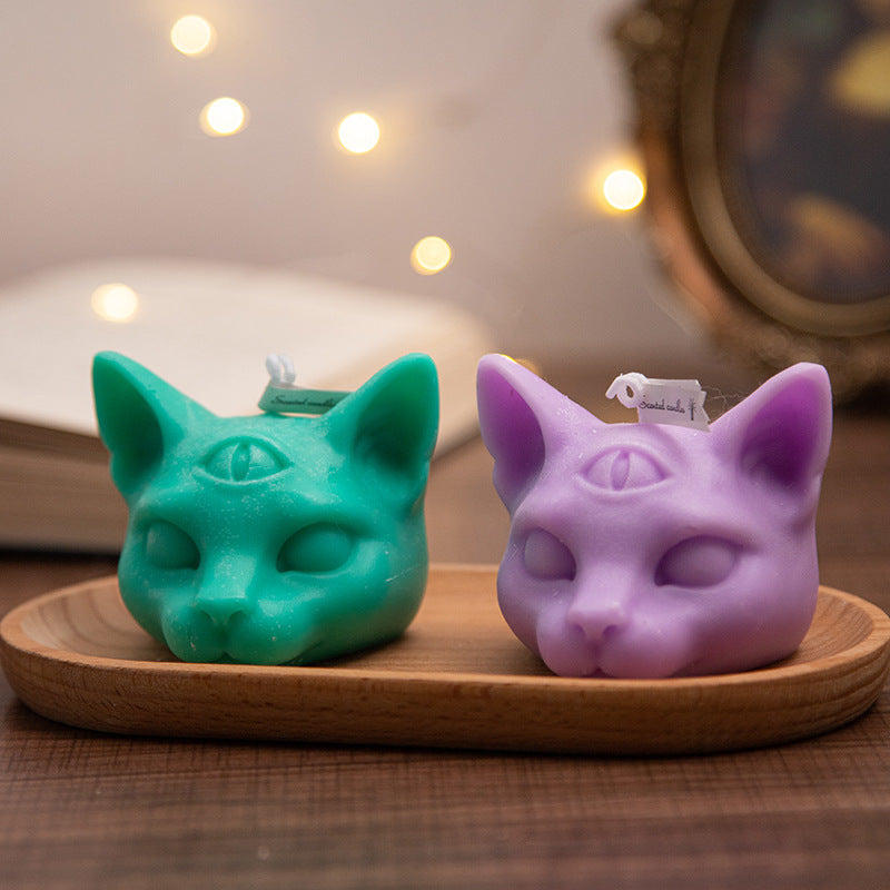 Halloween Three-eye Cat Head Aromatherapy Candle, White (evening Jade), Orange (wilderness ancient flower), dark green (water poplar honey Zhuhai), dark blue (rosemary mint), Purple (lavender), Purple Black (lavender), candles, decognomes