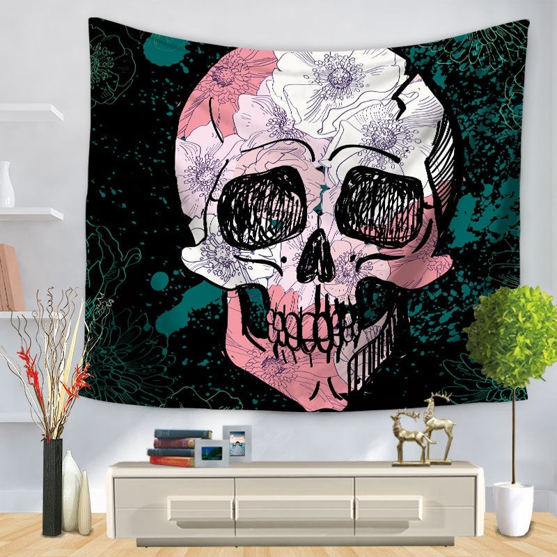 Skull Halloween digital print tapestry hung tablecloth beach towel, Pumpkin lanterns, Jack o Lanterns, Halloween Lights, Halloween Decoration Ornaments, Halloween inflatables, carved pumpkins, Halloween wreaths, Halloween Candles. 