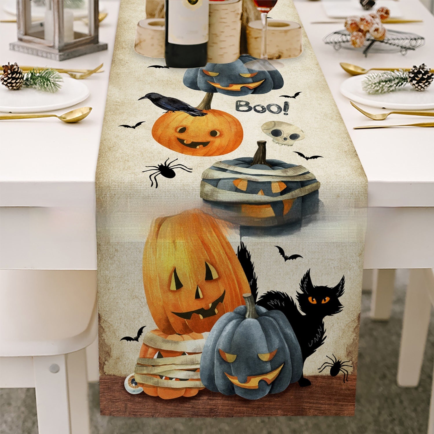 Cross-border Halloween Table Runner Cotton Linen Tablecloth Striped Printed Insulated Pumpkin Castle Decoration, Pumpkin lanterns, Jack o Lanterns, Halloween Lights, Halloween Decoration Ornaments, Halloween inflatables, carved pumpkins, Halloween wreaths, Halloween Candles, and animatronics Halloween.