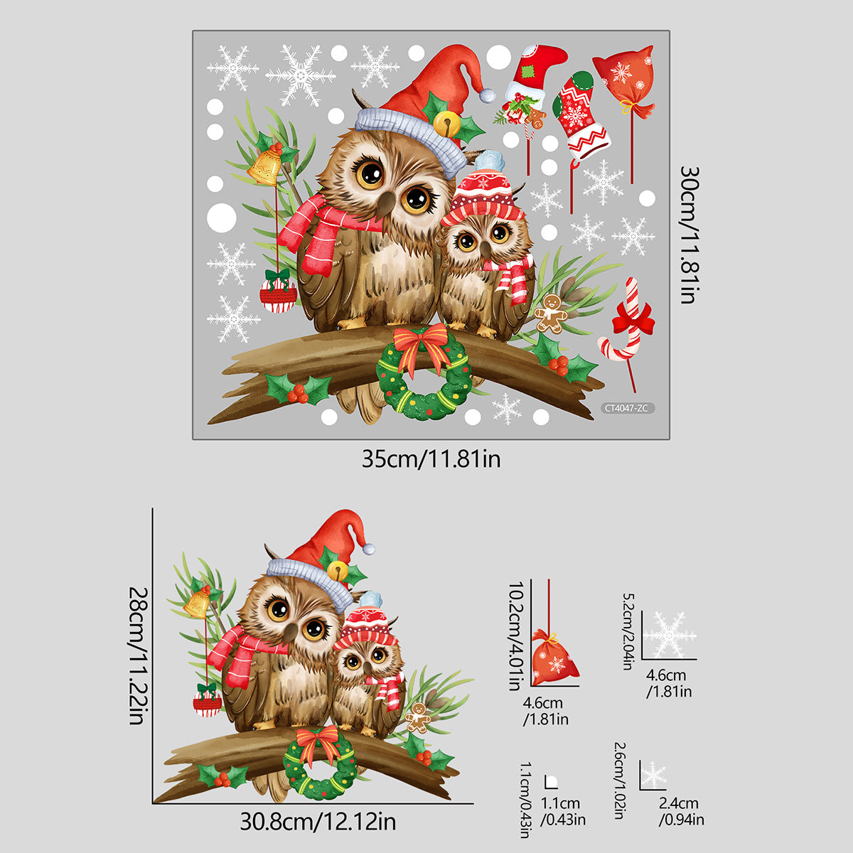 Christmas Tree Branches Cartoon Owl Glass Paster