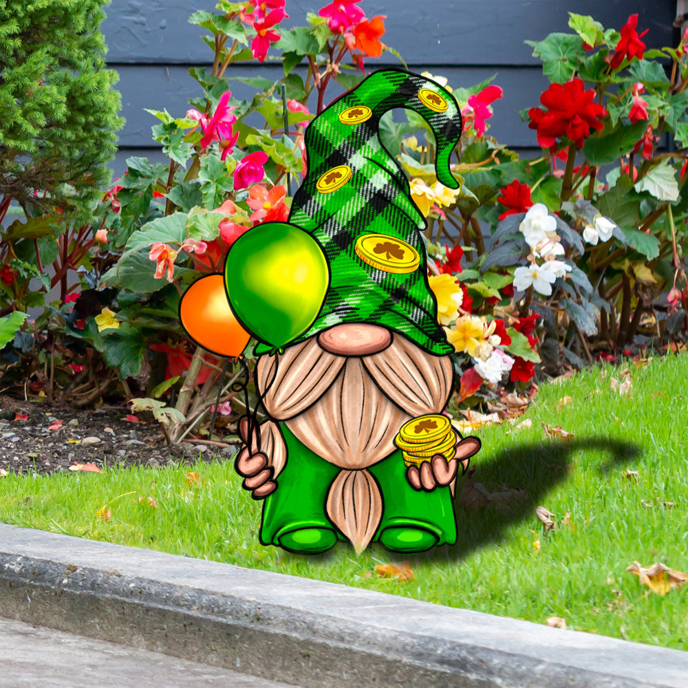 Acrylic Outdoor Courtyard Garden Festival Decorative Card, St. Patrick's Day decorations, St Patricks Day Gnome And Leprechaun Gnome