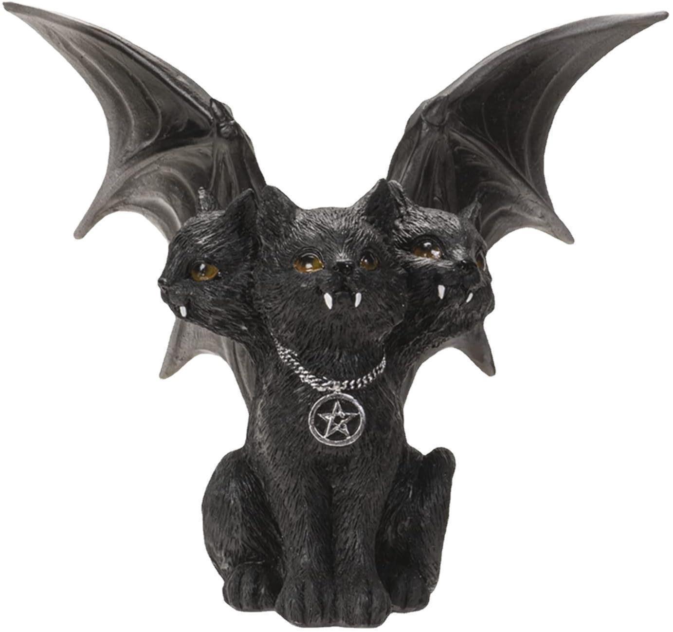 Halloween Cross-border New Arrival Dark Evil Bat Wings Three-head Cat Resin Crafts Decoration Ornaments, Pumpkin lanterns, Jack o Lanterns, Halloween Lights, Halloween 