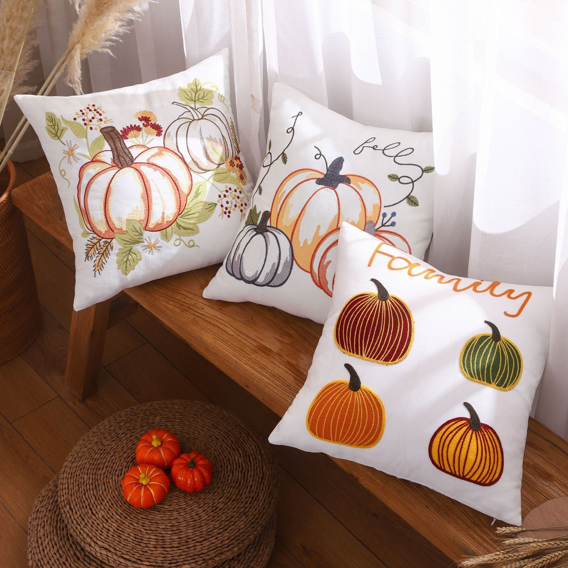 Pumpkin Embroidered Halloween Pillow Cover Lumbar Support