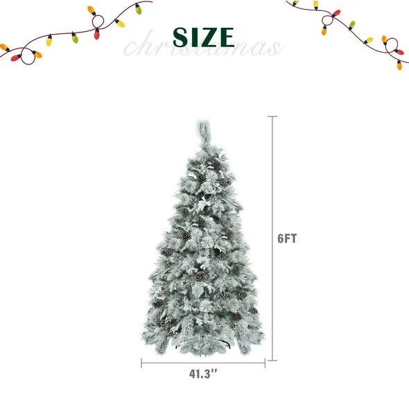 6FT Pre-Lit Spruce Snow Flocked Christmas Tree With Pine Cones, Artificial Xmas Tree With 403 Branch Tips,Mixed PE  PVC Branches, 250 Multi-Color LED Lights, 11 Flashing Modes, Holiday Decor, Christmas tree, Artificial Christmas tree, Real Christmas tree, Miniature Christmas tree, Tabletop Christmas tree, Pre-lit Christmas tree, Flocked Christmas tree, White Christmas tree, Black Christmas tree, Ceramic Christmas tree, Christmas tree topper, Christmas tree skirt, Christmas tree stand, Christmas tree storage