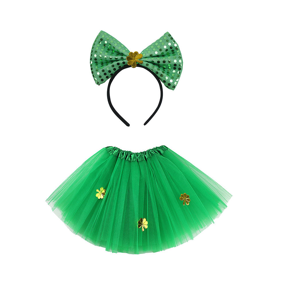 Irish Set Shamrock Sequined Big Bow Headband Three Tier Gauze Skirt, Green-themed party supplies, Irish Festival Decoration Items, St Patricks Day Decoration Items, Decognomes,