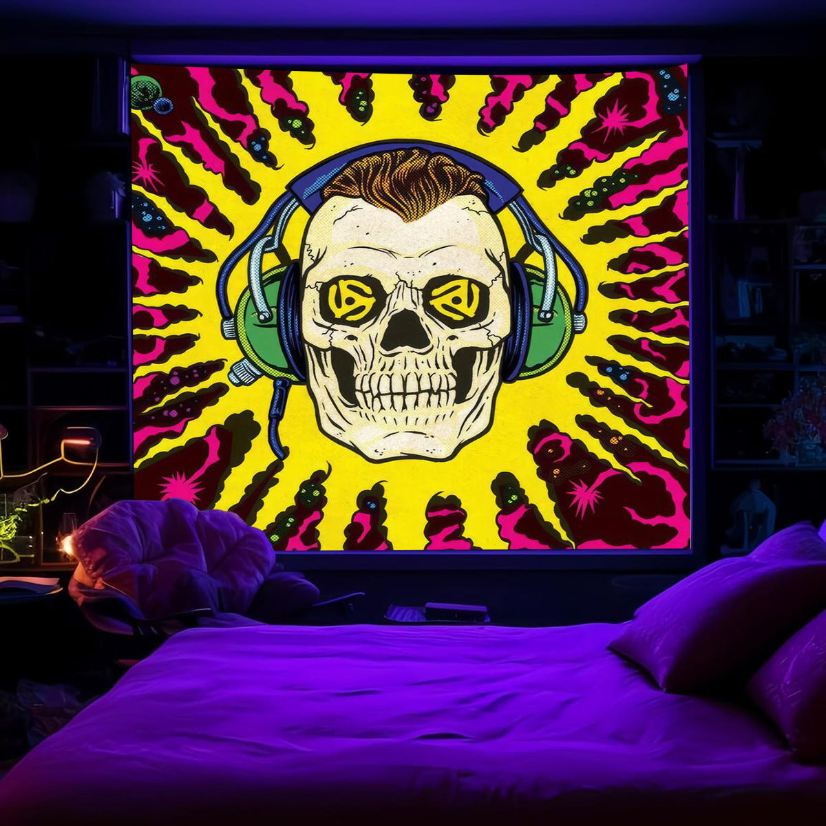 UV Fluorescent Skull Tapestry Space Wall Cloth Background