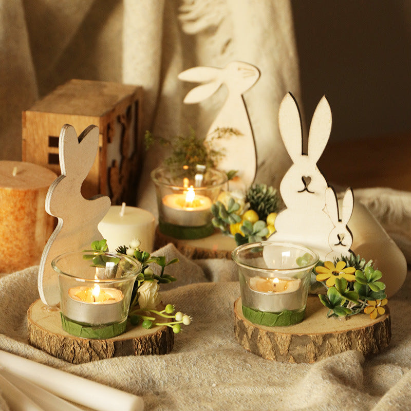 Nordic Wooden Rabbit Creative Glass Candle Holder