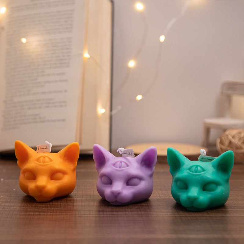 Halloween Three-eye Cat Head Aromatherapy Candle, White (evening Jade), Orange (wilderness ancient flower), dark green (water poplar honey Zhuhai), dark blue (rosemary mint), Purple (lavender), Purple Black (lavender), candles, decognomes