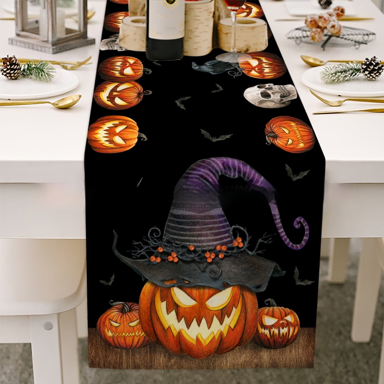 Cross-border Halloween Table Runner Cotton Linen Tablecloth Striped Printed Insulated Pumpkin Castle Decoration, Pumpkin lanterns, Jack o Lanterns, Halloween Lights, Halloween Decoration Ornaments, Halloween inflatables, carved pumpkins, Halloween wreaths, Halloween Candles, and animatronics Halloween.