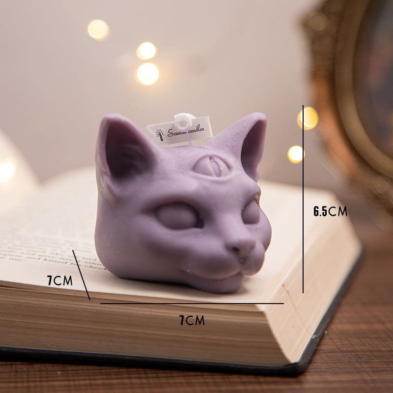 Halloween Three-eye Cat Head Aromatherapy Candle, White (evening Jade), Orange (wilderness ancient flower), dark green (water poplar honey Zhuhai), dark blue (rosemary mint), Purple (lavender), Purple Black (lavender), candles, decognomes