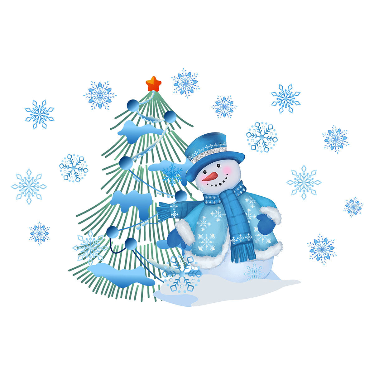 Christmas Double-sided Visible Blue Snowman Christmas Tree Wall Sticker