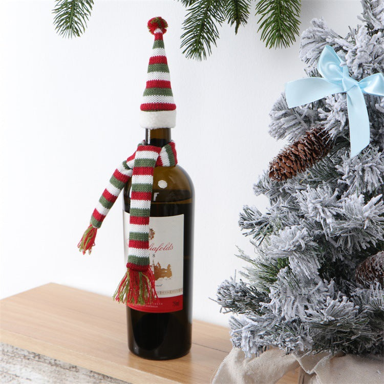 Christmas Knitted Wool Scarf Hat Wine Bottle Cover Suit