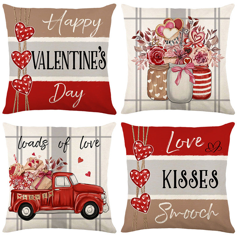 Valentine's Day Pillow Cover Love Truck Romantic Linen Digital