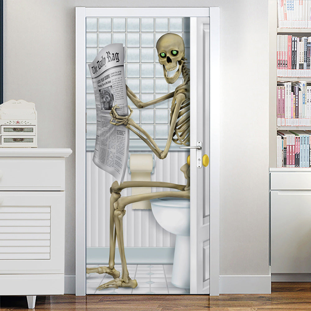 Halloween Skull Newspaper Reading 3D Door Sticker, Pumpkin lanterns, Jack o Lanterns, Halloween Lights, Halloween Decoration Ornaments, Halloween inflatables, carved pumpkins, Halloween wreaths, Halloween Candles, and animatronics Halloween.
