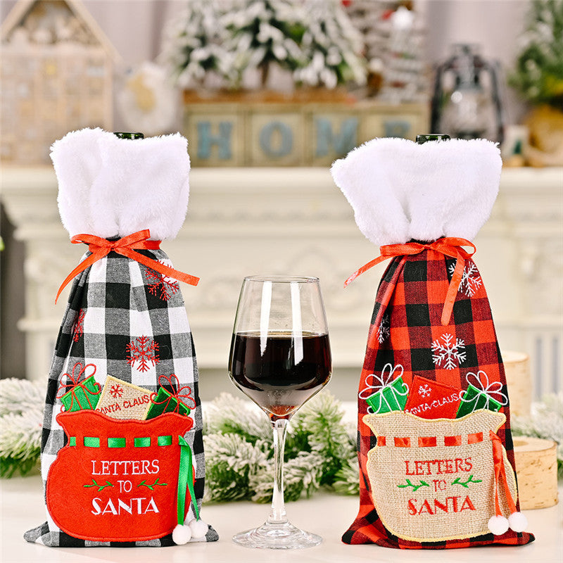 Christmas Decoration Christmas Red Wine Bottle Bag Christmas Red And Black Lattice Embroidery