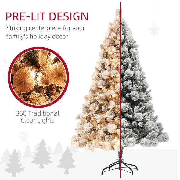 HOMCOM 6.5 Ft Pre-Lit Artificial Christmas Tree With 350 Clear Lights And 1107 Tips, Snow Flocked Christmas Tree With Metal Stand, Hinged Xmas Tree For Home Office Holiday, Green