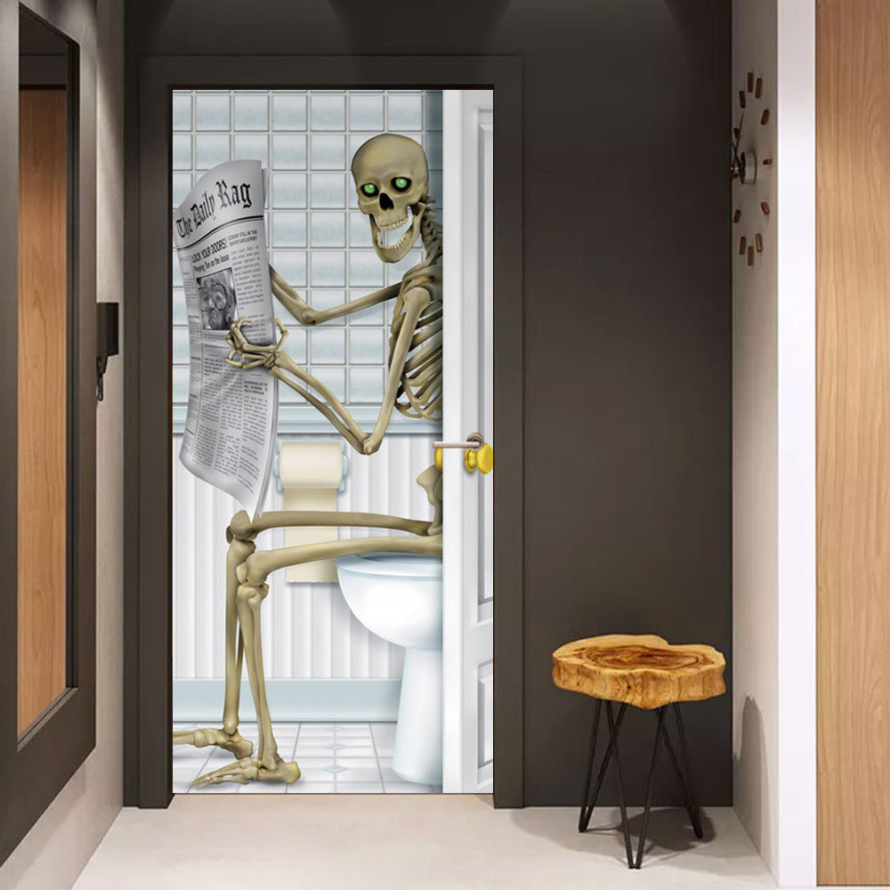 Halloween Skull Newspaper Reading 3D Door Sticker, Pumpkin lanterns, Jack o Lanterns, Halloween Lights, Halloween Decoration Ornaments, Halloween inflatables, carved pumpkins, Halloween wreaths, Halloween Candles, and animatronics Halloween.
